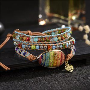 Sea Sediment 3 Strands Bohemian 7 Chakra Charm Handmade Healing Wrap Bracelet